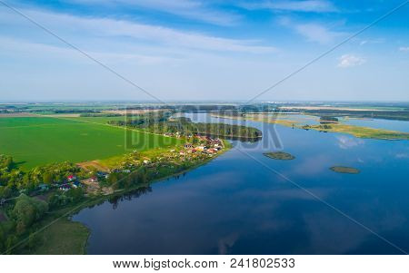 Aerial Summer Landscape. Blue Clear Sky Reflect In The Lake.
