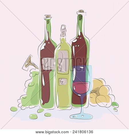 Glass Blue Glass On A Background Of Green Bottle Of Wine Glare Grapes Peaches Composition Colorful V