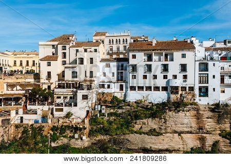 Ronda, Spain, April 05, 2018: El Tajo Gorge Canyon With New Bridge And White Spanish Houses In Ronda