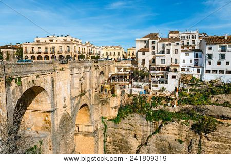Ronda, Spain, April 05, 2018: Tourists Visit New Bridge In Village Of Ronda In Andalusia, Spain