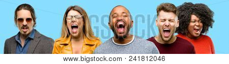 Group of mixed people, women and men stressful, terrified in panic, shouting exasperated and frustrated. Unpleasant gesture. Annoying work drives me crazy