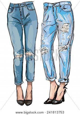 Fashion Illustration Of Femail Legs In Blue Boyfriend Jeans With Holes