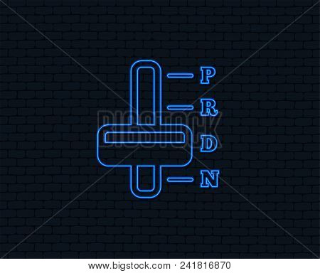 Neon Light. Automatic Transmission Sign Icon. Auto Car Control Symbol. Glowing Graphic Design. Brick