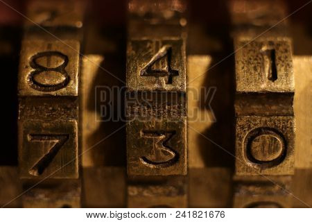 Retro Bronze Lock Number Combination. Shiny Vintage Codes: 841 730.
