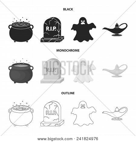 A Witch Cauldron, A Tombstone, A Ghost, A Gin Lamp.black And White Magic Set Collection Icons In Bla