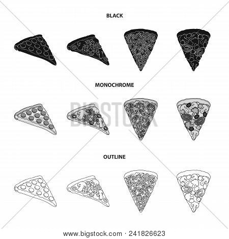 A Slice Of Pizza With Different Ingredients. Different Pizza Set Collection Icons In Black, Monochro