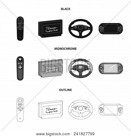 Game Console And Joystick Black, Monochrome, Outline Icons In Set Collection For Design.game Gadgets