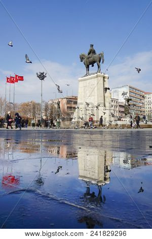 ANKARA, TURKEY - February 17 2018: Silhouette of the Statue of Ataturk in Ulus Square. Ulus, Ankara. The monument was inaugurated on 24 November 1927 and It was restored in 2002.