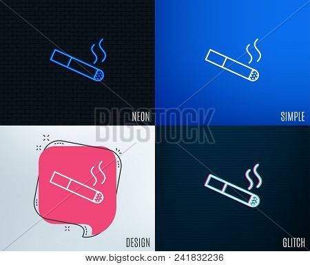 Glitch, Neon Effect. Smoking Area Line Icon. Cigarette Sign. Smokers Zone Symbol. Trendy Flat Geomet