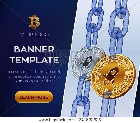 Stellar. Crypto Currency Editable Banner Template. 3d Isometric Physical Bit Coin. Golden And Silver
