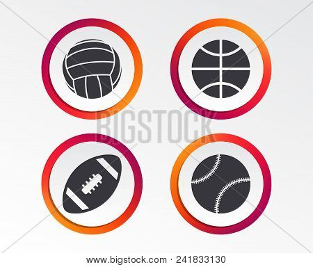 Sport Balls Icons. Volleyball, Basketball, Baseball And American Football Signs. Team Sport Games. I