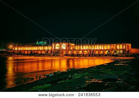 Spring Night On The Ancient Khaju Bridge In Isfahan, Iran.