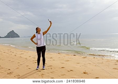 Woman Shape Sexy Relax Morning On Beach At Bang Beot Beach, Chumphon Province Thailand
