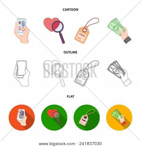 Hand, Mobile Phone, Online Store And Other Equipment. E Commerce Set Collection Icons In Cartoon, Ou