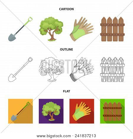 A Shovel With A Handle, A Tree In The Garden, Gloves For Working On A Farm, A Wooden Fence. Farm And