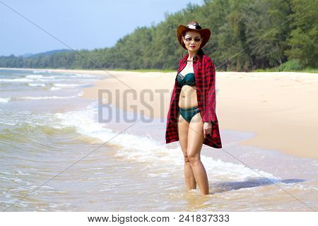 Woman Outdoor With Bikini And Hat On Beach At Bang Beot Beach, Chumphon Province Thailand
