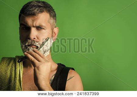 Man Face Handsome. Serious Hipster In Barbershop, New Technology. Barber And Hairdresser. Haircut Of