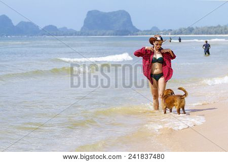 Woman With Pretty Bikini And Dog Outdoor On Beach At Bang Beot Beach, Chumphon Province Thailand