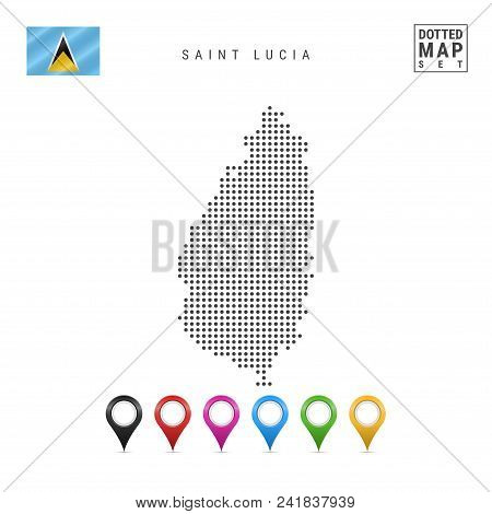 Dotted Map Of Saint Lucia. Simple Silhouette Of Saint Lucia. The National Flag Of Saint Lucia. Set O