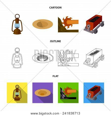 A Miner Lamp, A Funnel, A Mining Combine, A Trolley With Ore.mining Industry Set Collection Icons In