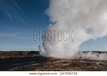 Spectacular Landscape With Steam From Geothermal Hot Springs In Iceland, Reykjanes, Gunnuhver Hot Sp