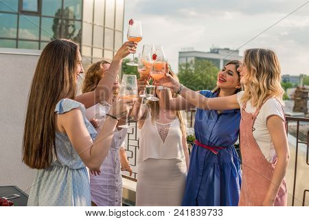 Girls Party. Beautiful Women Friends Having Fun At Bachelorette Party. They Are Celebrating And Drin