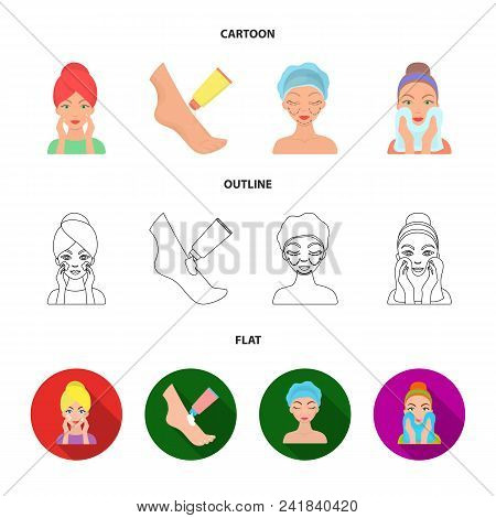 Face Care, Plastic Surgery, Face Wiping, Moisturizing The Feet. Skin Care Set Collection Icons In Ca