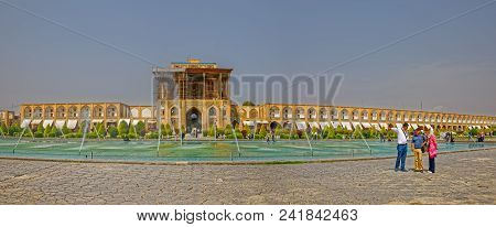 Isfahan, Iran - May 7, 2015: Panoramic View Of The Ali Qapu Palace At The Imam Square.