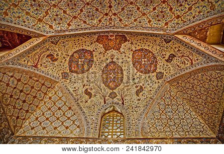 Isfahan, Iran - May 7, 2015: Breathtaking Ceiling Of The Ali Qapu Palace In At The Imam Square.