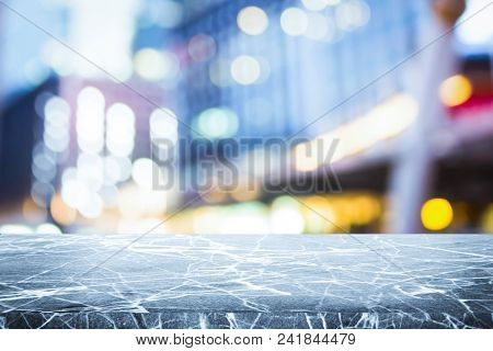 Gray Marble Stone Counter Top Or Table On Backdrop Light Blue. For Display Or Montage Your Products.
