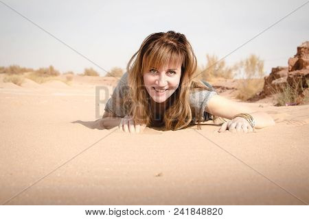 Girl Have Fun In Desert In A Summer Day