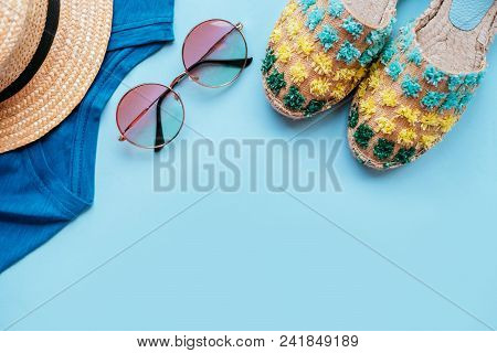 Summer Fashion Flatlay With Gradient Round Sunglasses, Straw Hat, Espadrille Sandals And T-shirt. Pe