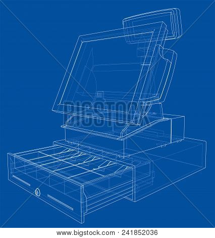 Cashbox With Touch Screen Concept. Vector Rendering Of 3d. Wire-frame Style. The Layers Of Visible A