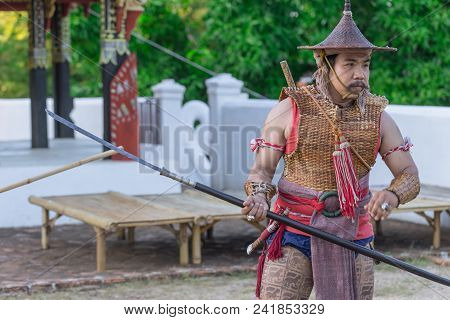 Thai Ancient Warrior Swordsmanship Fighting Action With Sword And Spear Weapon In Northern Lanna Cul