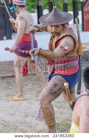 Thai Ancient Warrior Swordsmanship Fighting Action With Sword And Spear Weapon In Northern Lanna Cul
