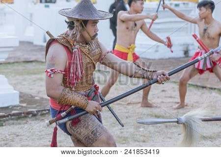 Thai Ancient Warrior Swordsmanship Fighting Action With Sword And Spear Weapon In Northern Lanna Cul