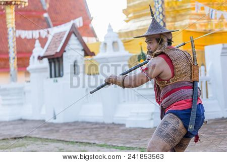 Thai Ancient Warrior Swordsmanship Fighting Action With Sword And Spear Weapon In Northern Lanna Cul