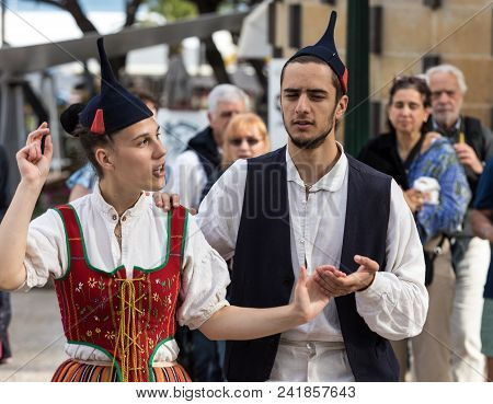 Funchal, Portugal - April 19, 2018:  Folk Musicians And Dancers Performing On The Avenida Arriaga  I