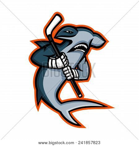 Mascot Icon Illustration Of A Hammerhead Shark Who Is A Ice Hockey Player Wielding A Hockey Stick Vi