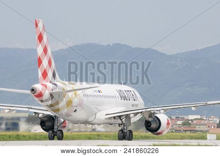 Pisa, It - April, 19 2018; A Volotea Airbus 319 Take Off At The Galileo Galilei International Airpor