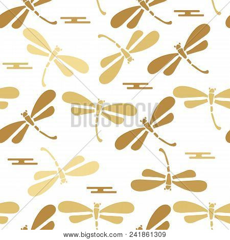 Beautiful Japanese Seamless  Pattern With Dragonfiles. Chinese, Japanese Elements.vector Unique Seam