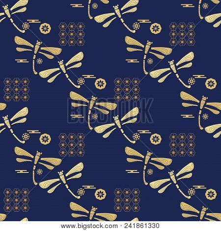 Beautiful Japanese Seamless  Pattern With Dragonfiles. Chinese, Japanese Elements.vector Unique Seam