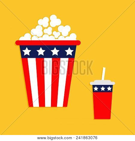 Popcorn Soda Straw Icon. Cinema Icon In Flat Design Style. American Flag Stars And Strips. Isolated.
