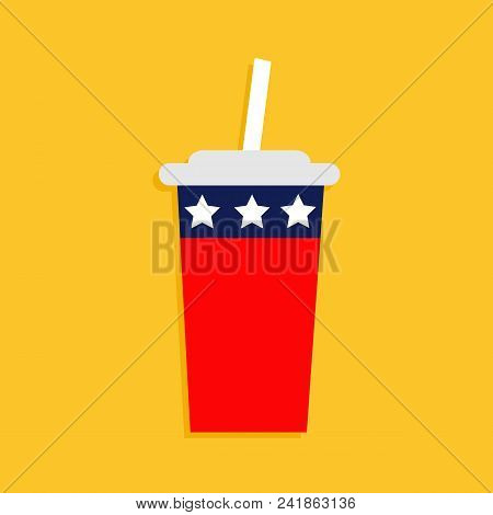 Soda Drink Glass With Straw Icon. Cinema Icon In Flat Design Style. American Flag Stars And Strips. 