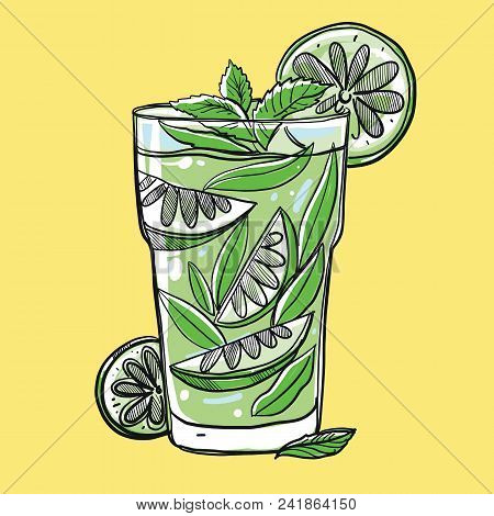 Cocktail Mojito In Sketch Hand Drawn Vector Illustration. Mojito Contemporary Classic Cocktail. Long