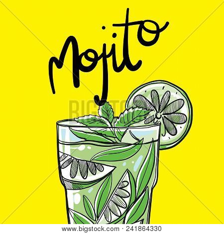 Cocktail Mojito In Sketch Hand Drawn Vector Illustration. Mojito Contemporary Classic Cocktail. Long