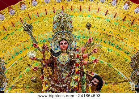 Durga Idol On Lion And Asura For Worship In Kolkata India. Festival