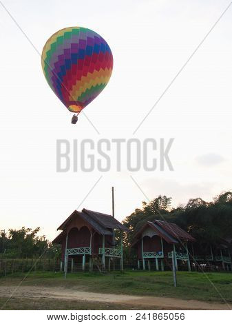 Multi Color And Colorful Balloon With A Blue Sky , Travel In The River City Of Vang Viang City, Laos