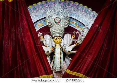 Red Curtains Getting Revealing Durga Idol For Worship