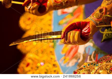 Sword On The Hand Of Godess Durga. Hindu Mythology Idol Worship
